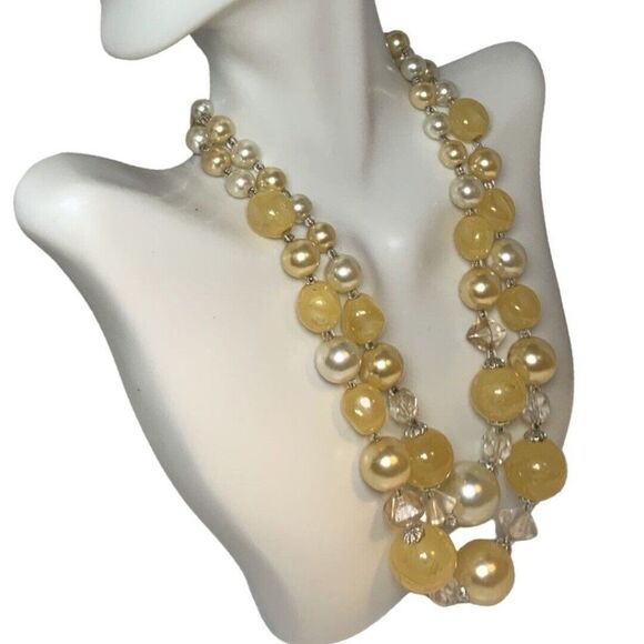 Japan Yellow Crackle Beaded Graduated Faux Pearl 2 Tier Silver Tone Necklace 16” - Picture 5 of 14